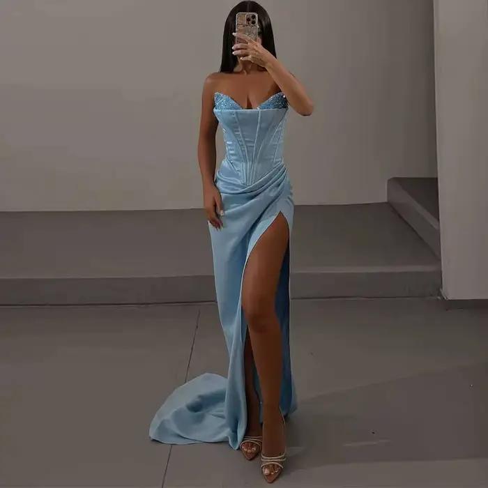 Robe de Soirée de Luxe en Satin, Tenue de Bal, Sirène/Trompent, Bleu Clair, Perles Plissées, Fendue,