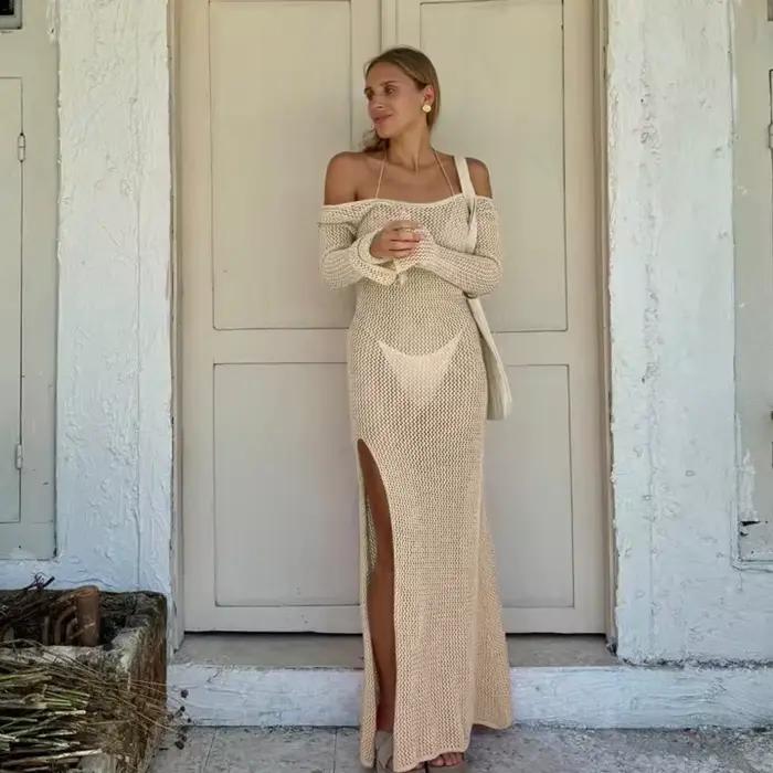 Robe longue en tricot dos nu avec fente latérale, couverture de Protection solaire à manches longues