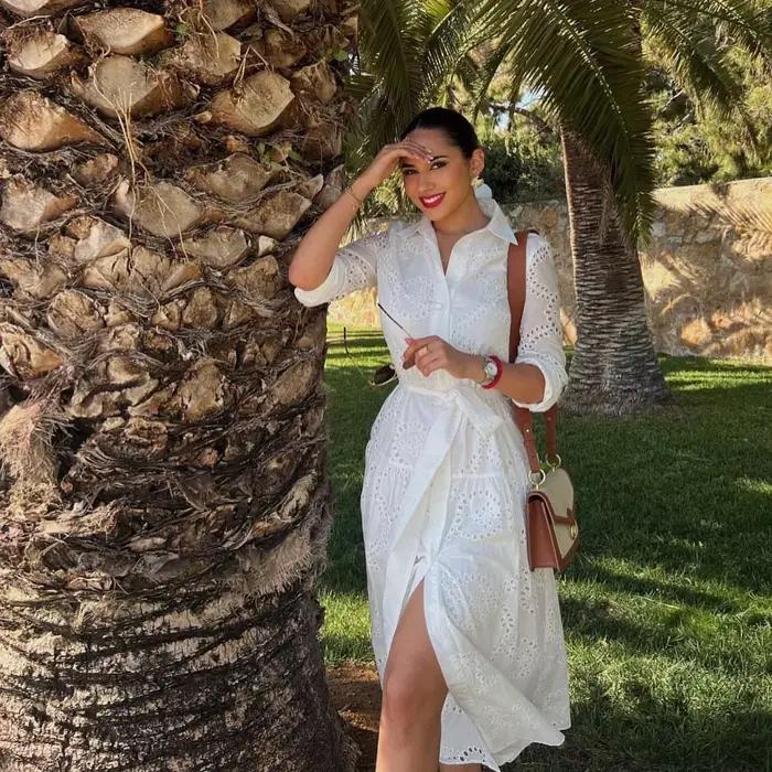 Robe blanche brodée élégante pour femmes, Chic, revers, manches longues, taille haute, à lacets, Max