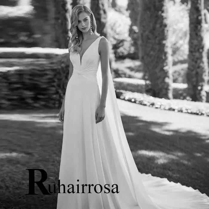 Ruhair gracieuse Robe De mariée trapèze pour femmes col en v bouton plissé bretelles Spaghetti Court