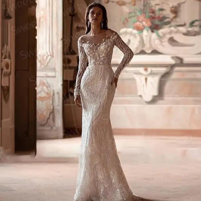 Robe de Mariée de Luxe en Dentelle avec Traîne Amovible, Tenue de Bal avec Perles Brodées, Col Rond,
