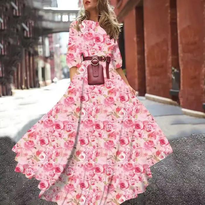 Robe longue imprimée tendance, silhouette élégante en A, jupe midi, tissu polyester, col rond, manch