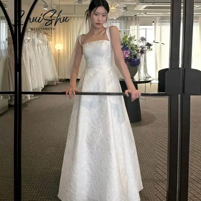 Robe de soirée de mariage classique en Satin Jacquard, col carré, ligne a ivoire, séance Photo corée
