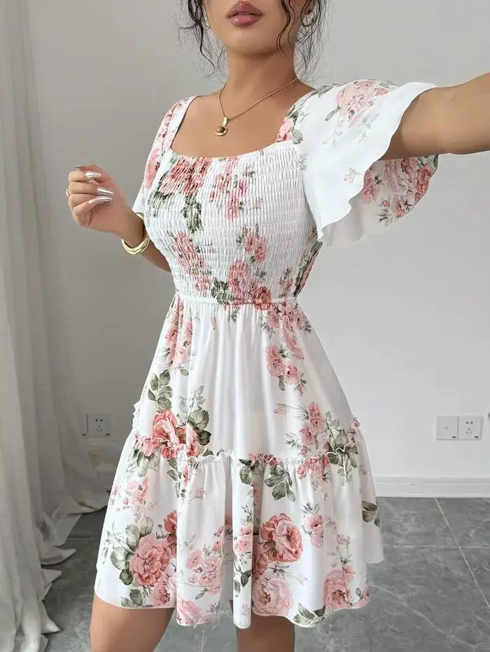 Robe décontractée à manches courtes pour femmes, imprimé floral, avec ceinture et ourlet à volants, 
