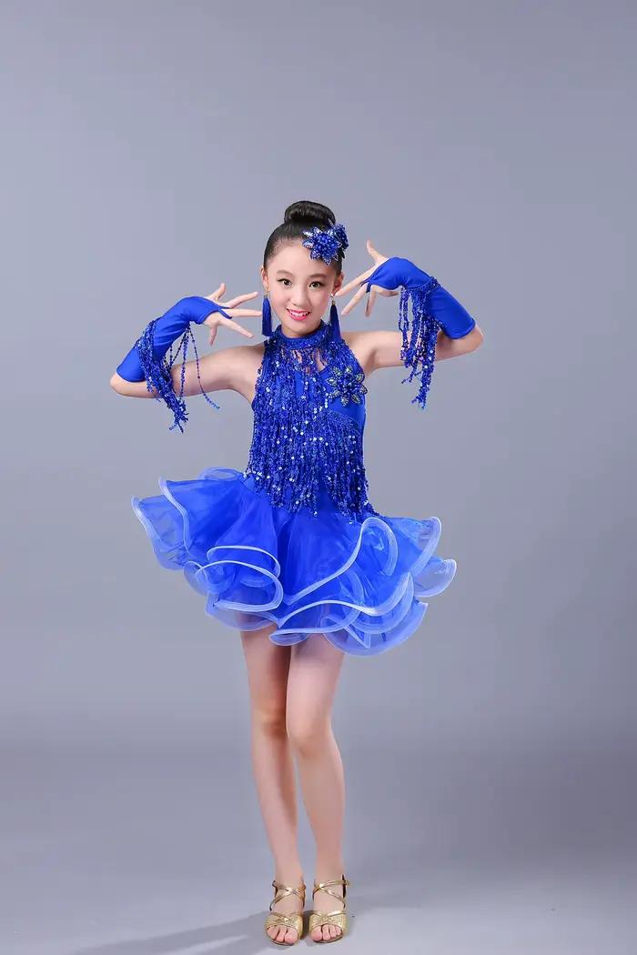 Robe de danse latine à franges et paillettes pour filles, salsa cha cha samba tango, robes de danse 