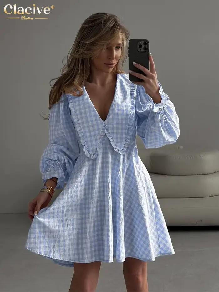 ClacMarkets-Mini robe en coton à carreaux pour femmes, col beurre élégant, manches longues, bureau, 