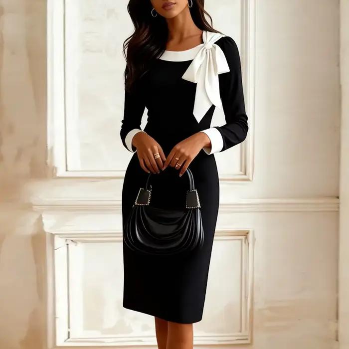 Robe moulante élégante pour femmes, col rond, Design avec nœud, manches longues, robes de soirée pou