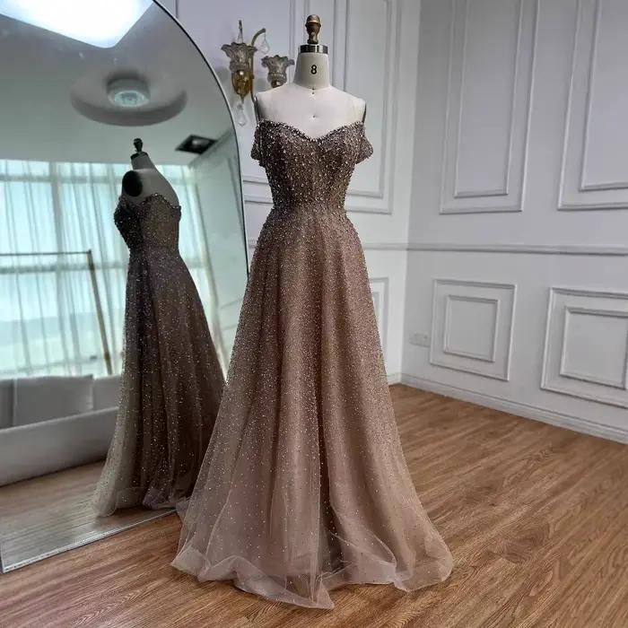 Caramel luxe concepteur hors de l'épaule une ligne robe de soirée arabe pour occasion formelle Seren