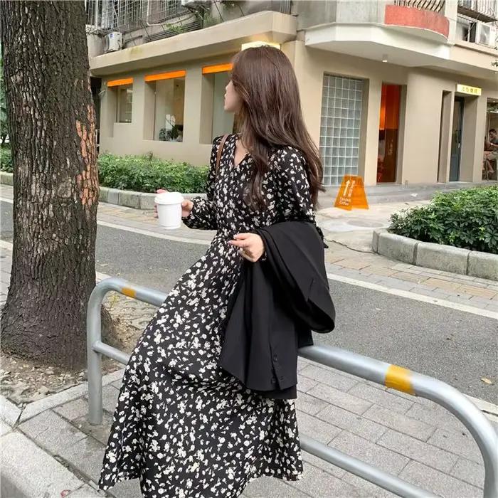 Robe florale à manches longues pour femmes, automne et hiver, tempérament moulant à la taille, aminc