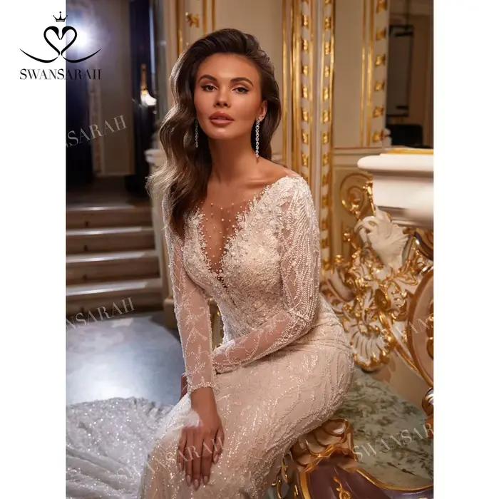 Robe de mariée sirène brillante à manches longues avec poignées amovibles, robe de mariée personnali