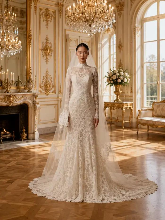 Robe de mariée de luxe en dentelle à manches longues, coupe sirène, avec traîne cathédrale, élégante