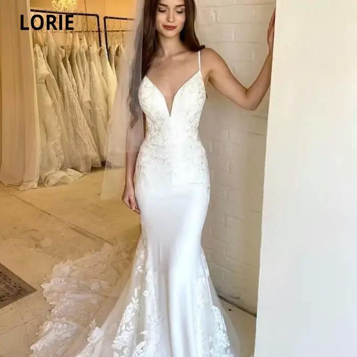 LORIE-Robe de Mariée Sirène en Dentelle Style Boho, Bretelles Spaghetti, Col en V, Personnalisée, Iv