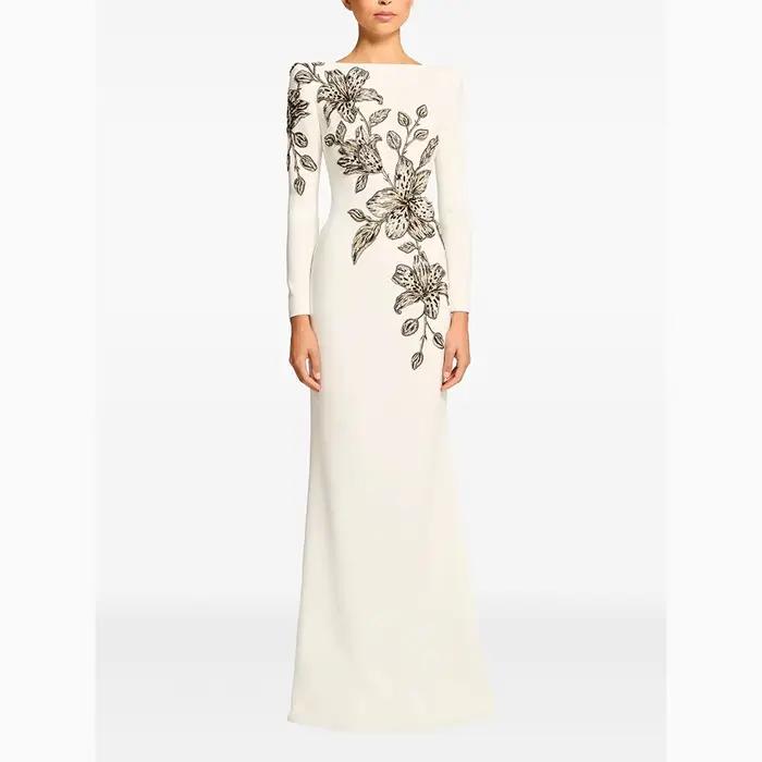 Robes de soirée de luxe col bateau manches longues robes de bal fleur élégante occasion formelle lon