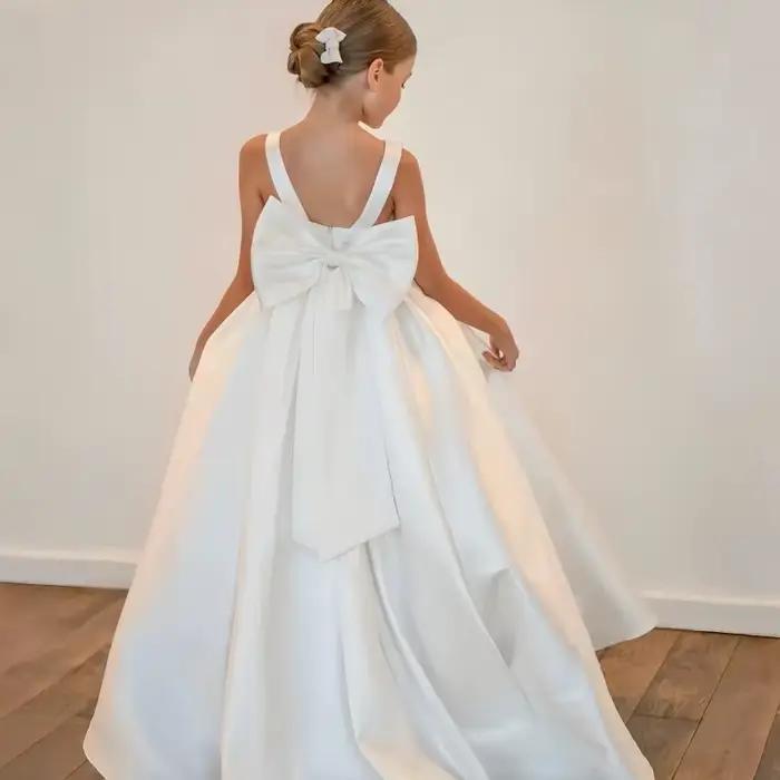 Robe de demoiselle d'honneur blanche pour mariage avec nœud en satin, longueur au sol, élégante, pou