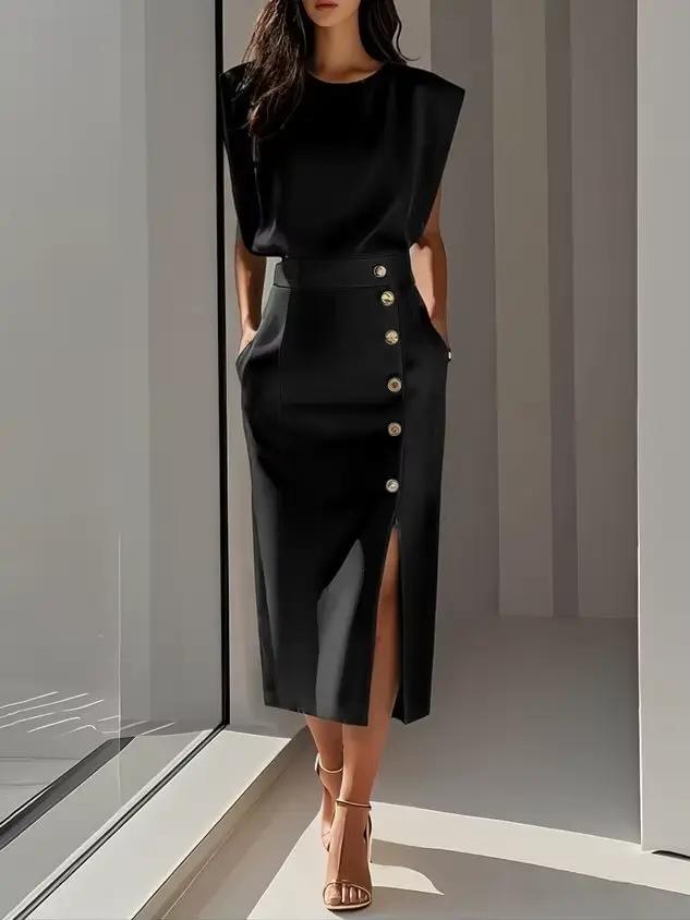 Robe de bureau solide pour femmes, élégante, col rond, sans manches, boutons, taille haute, paquet d