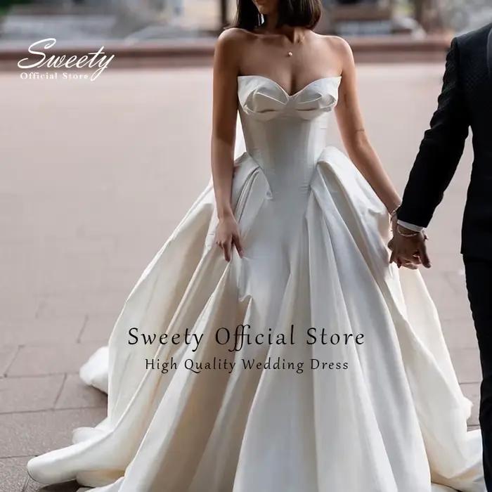 Robe de Mariée Élégante en Satin Sans Bretelles, Tenue Personnalisée avec Fermeture Éclair