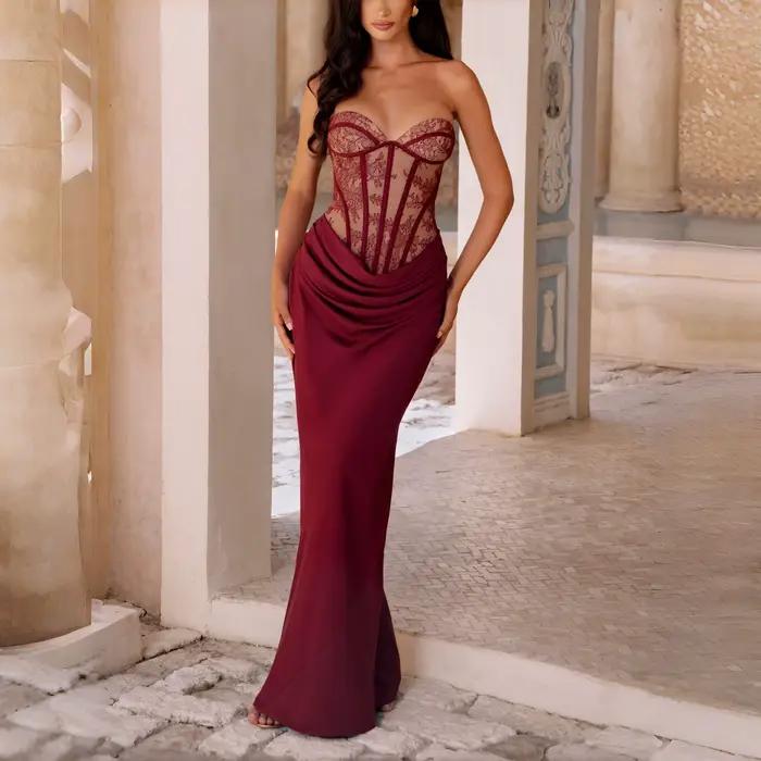 Robe de cocktail sirène en dentelle sans bretelles bordeaux, corset drapé, taille froncée, en satin,