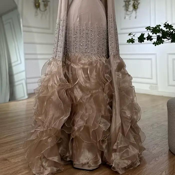 Robe de soirée sirène élégante, couleur chair, avec manches Cape, en Satin perlé, Style arabe, Seren