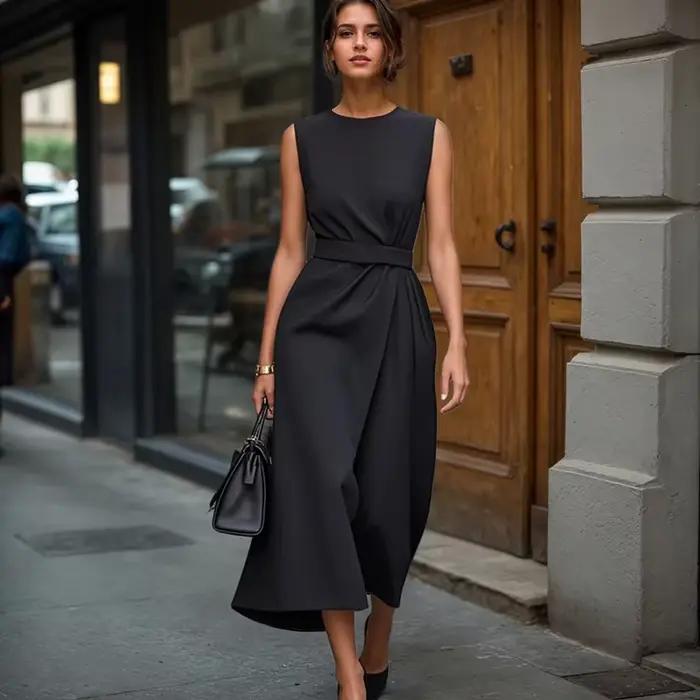 Robes longues de bureau pour femmes, couleur unie, col rond, sans manches, taille haute irrégulière,