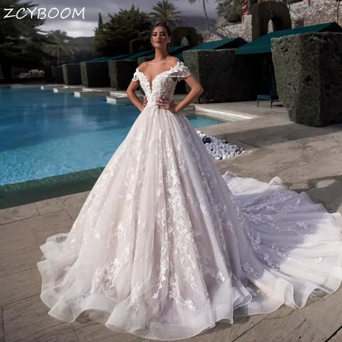Robe de mariée élégante personnalisée avec appliques, épaules dénudées, manches courtes, 2026, à lac