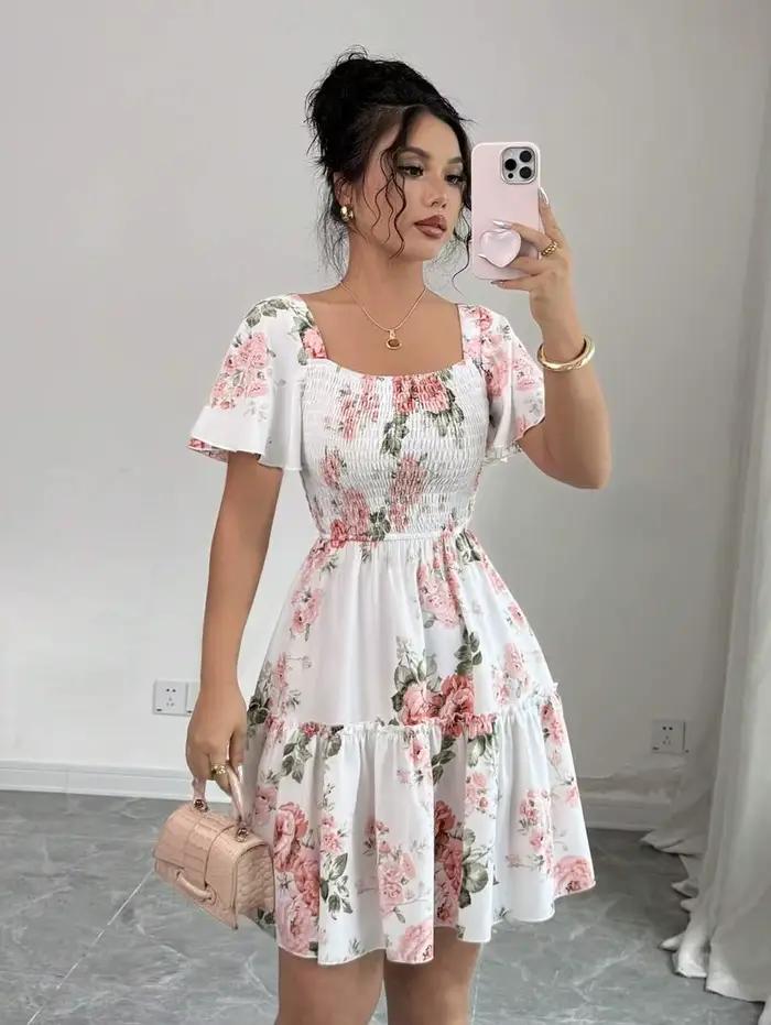 Robe décontractée à manches courtes pour femmes, imprimé floral, avec ceinture et ourlet à volants, 