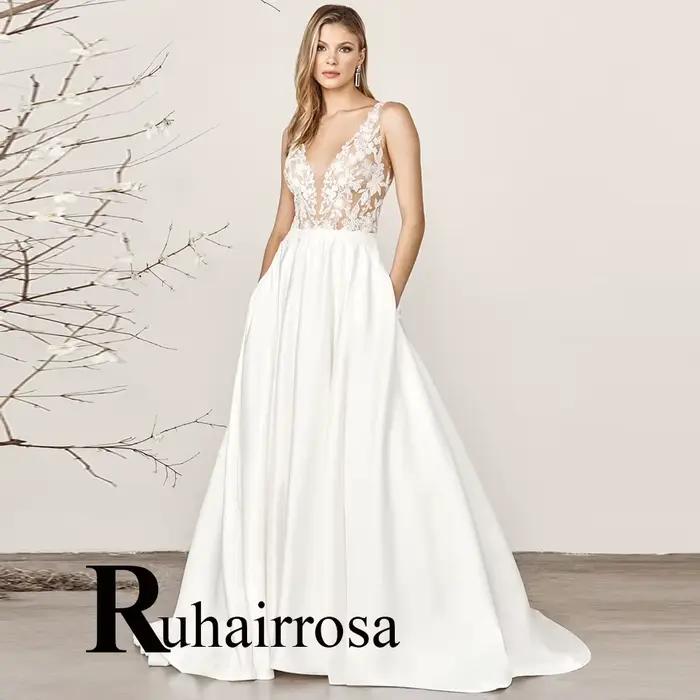 Ruhair-Robes de mariée élégantes glamour pour femmes, appliques, col en V profond, boutons drapés, r