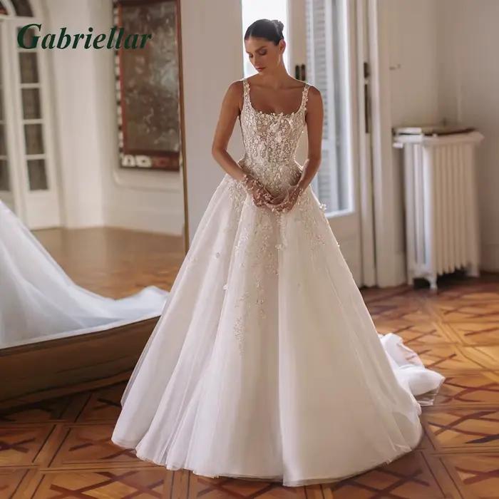 Lements o.org-Robe de Mariée en Fibre de Tulle, Ligne A, Appliques, Brosse, Traîne Personnalisée