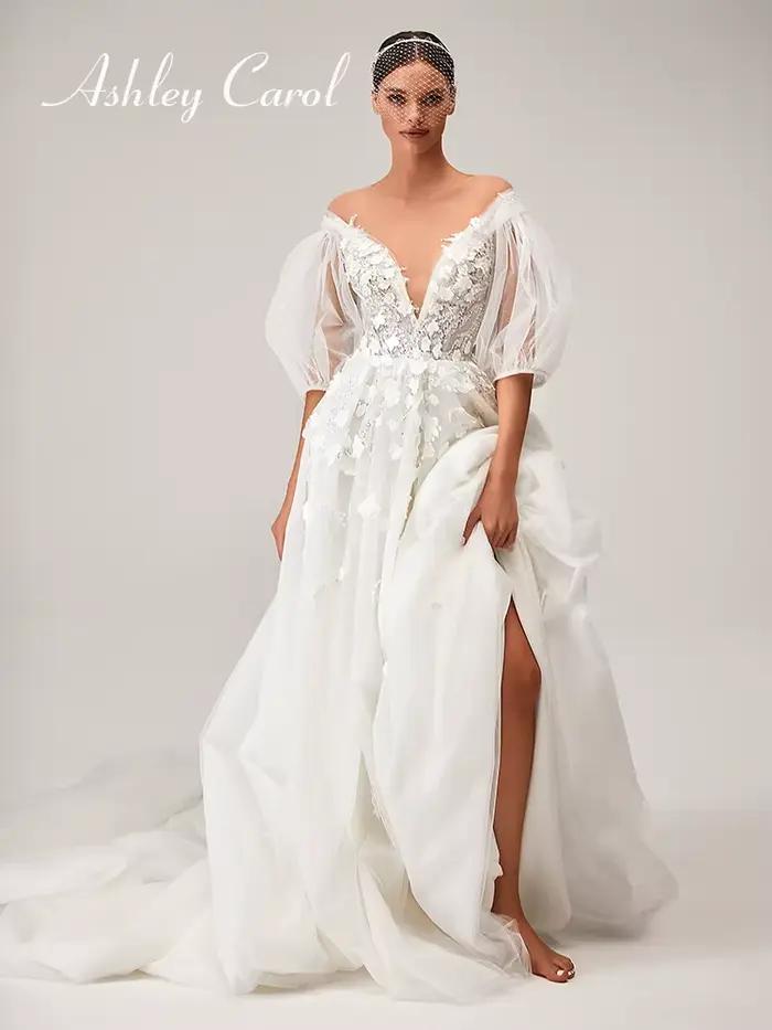 Ashley Carol-Robe de mariée sexy à col en V profond et manches bouffantes, robes de mariée A-Line, a