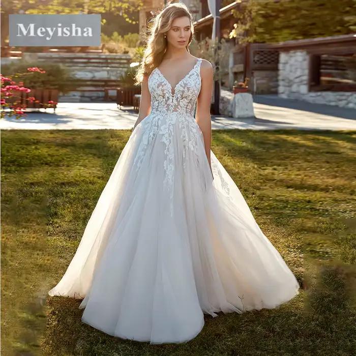 Robes de mariée Boho brillantes personnalisées, col en v, dentelle scintillante, paillettes, Tulle, 