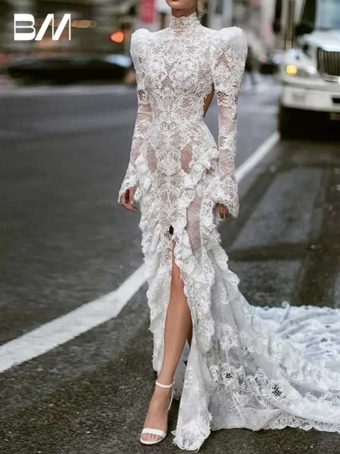 Robe de mariée en dentelle à manches bouffantes, à la mode, romantique, col haut, personnalisée, cha