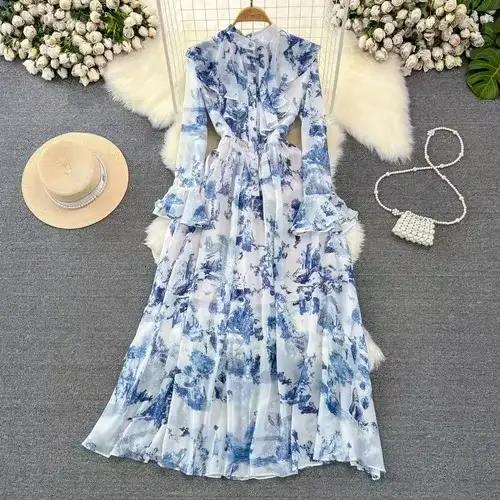 Robes longues en mousseline de soie pour femmes, style cour, imprimé floral, manches évasées, col mo