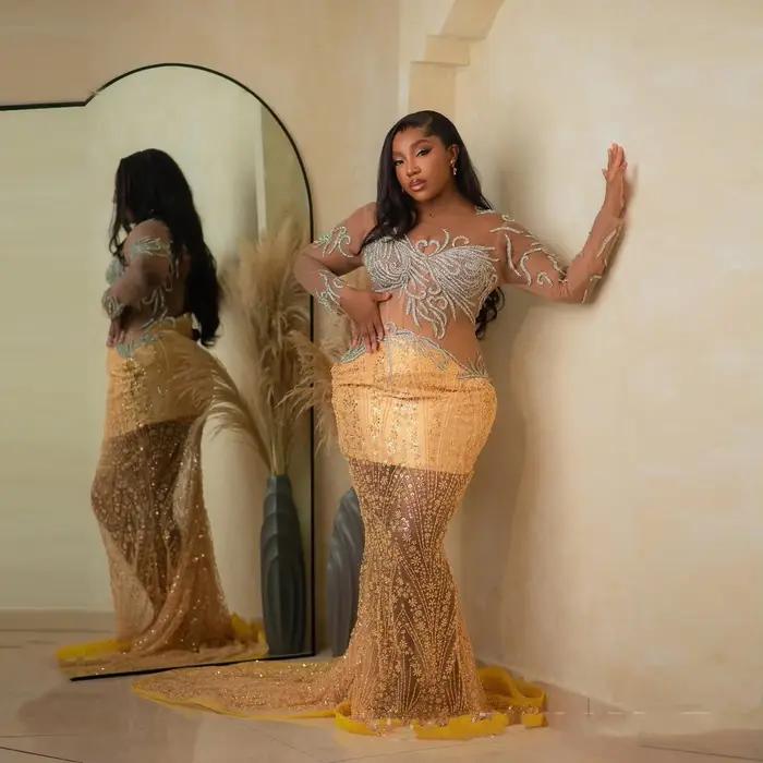 Robe de bal dorée grande taille, en Tulle transparent, style sirène, magnifiques robes formelles, Il