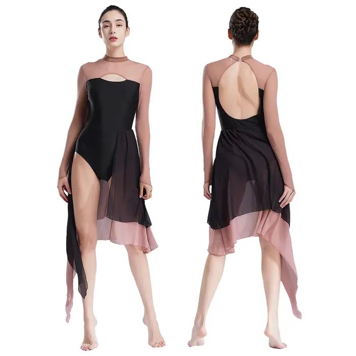 Robe de danse lyrique ouverte sur le devant pour femme, avec découpes au dos, en maille transparente