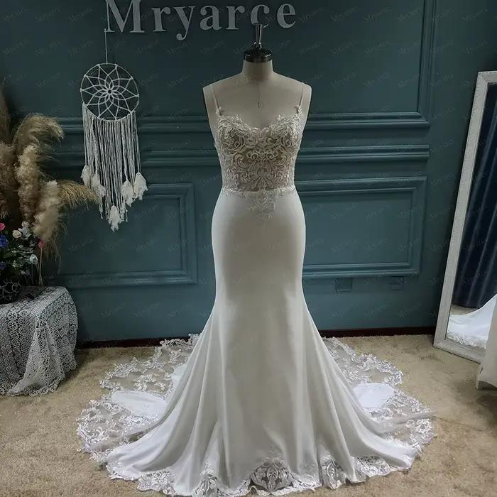 Mryarce luxe dentelle crêpe robe de mariée Sexy bretelles Spaghetti longue Train robes de mariée