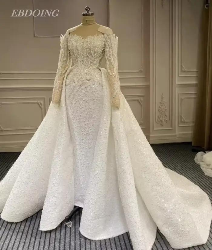 EBDOING robe de mariée sirène 2 en 1 encolure col bateau avec perles robes de mariée personnalisées