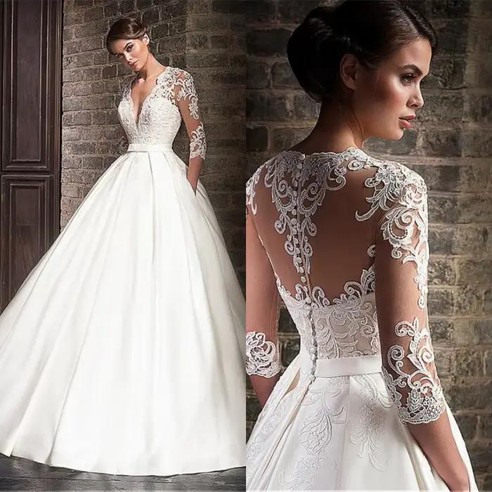 Robe de Mariée en Satin avec Dentelle et Col en V pour Femme Arabe, Vêtement de Luxe, Manches 3/4, a
