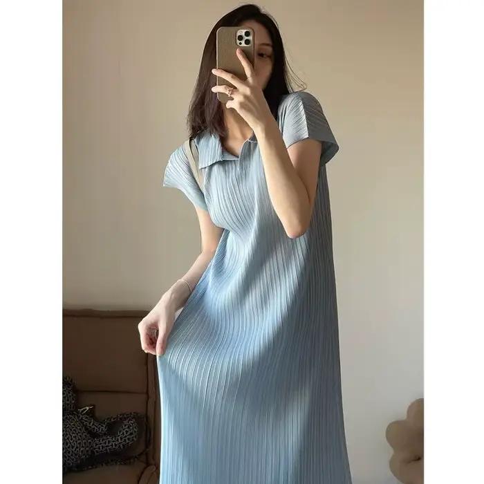 Robe plissée à col polo pour femme, jupe mi-longue, tempérament simple, été 2025