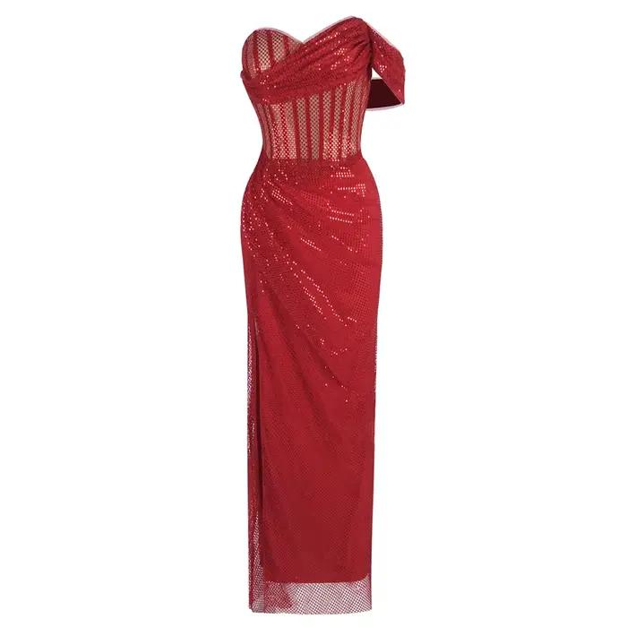Robes de soirée à paillettes scintillantes rouges pour femmes – Robe longue à une épaule avec fente 