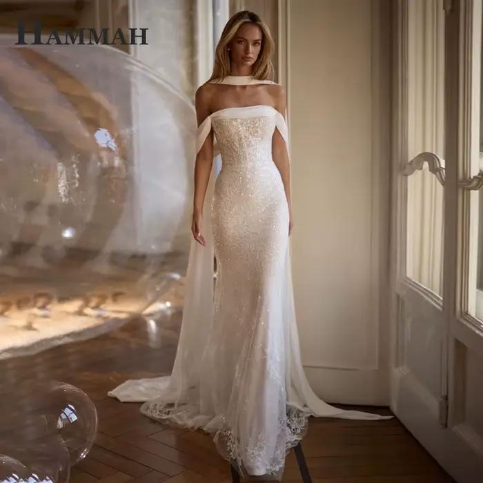 HAMMAH Robe de mariée à paillettes scintillantes pour la mariée, épaules dénudées, bustier, coupe tr