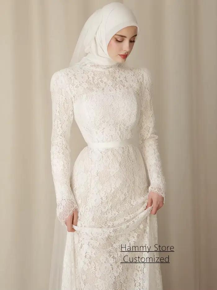 Robe de mariée saoudienne personnalisée, col montant, manches longues, traîne, dentelle, robe de mar