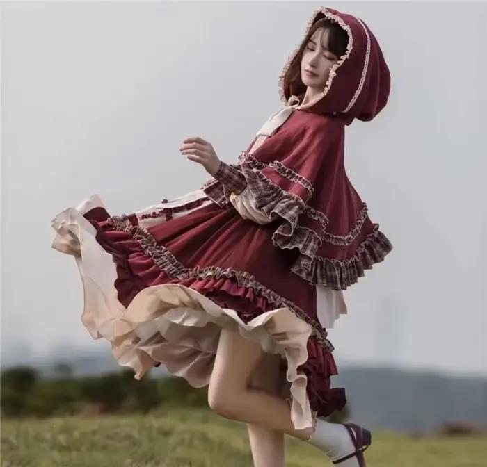 Robe Lolita pour filles, Vintage, Patchwork, robes rouges avec cape, mignonne, Bing Cosplay, petit c