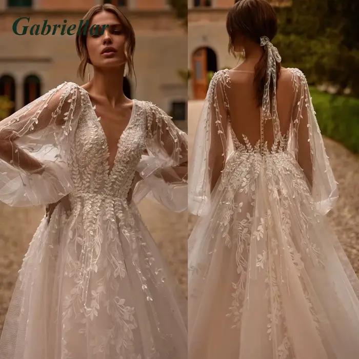 Gabriellar robes de mariée élégantes a-ligne col en V Appliques manches bouffantes robe de mariée pl