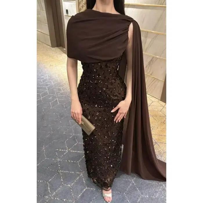 Robes de soirée glamour pour femmes en chocolat, avec perles scintillantes, dentelle, robes de bal a