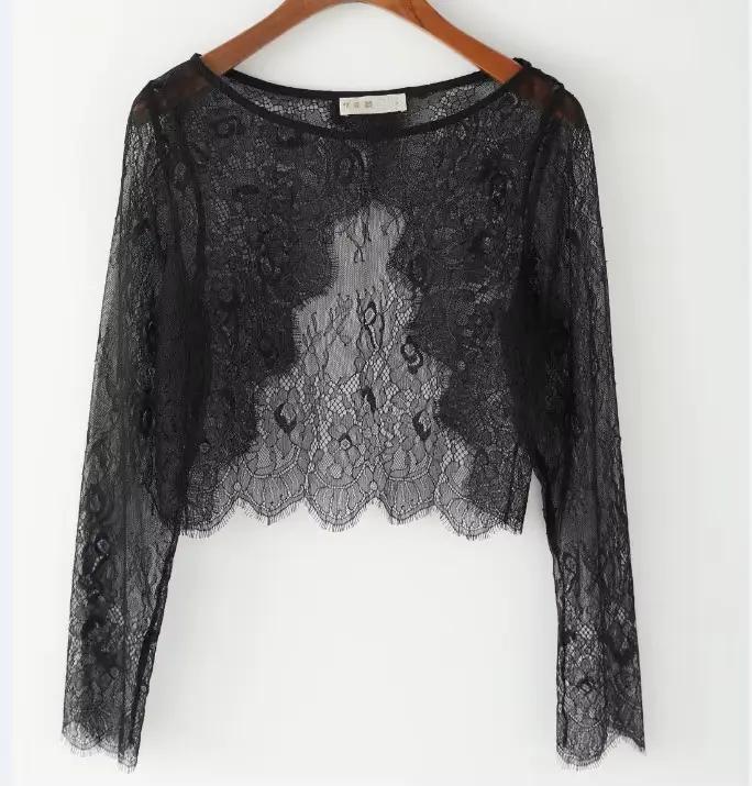 Veste élégante en dentelle à manches longues pour femmes, boléro de mariage, dos ouvert, col rond