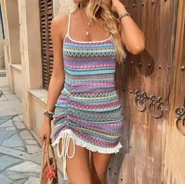 Robe à bretelles pour femmes, en tricot rayé, col carré, froncée, douce, épicée, dos nu, nouvelle co