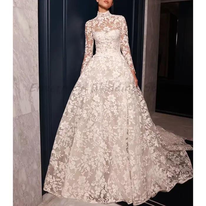 Robe de mariée vintage à col montant et manches longues, en dentelle florale 3D, style robe de bal, 