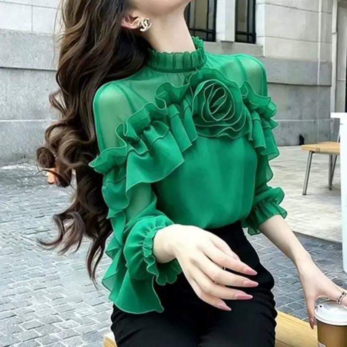 Chemisier vert à volants et fleurs en relief, nouvelle collection été 2026, haut de gamme, luxe lége