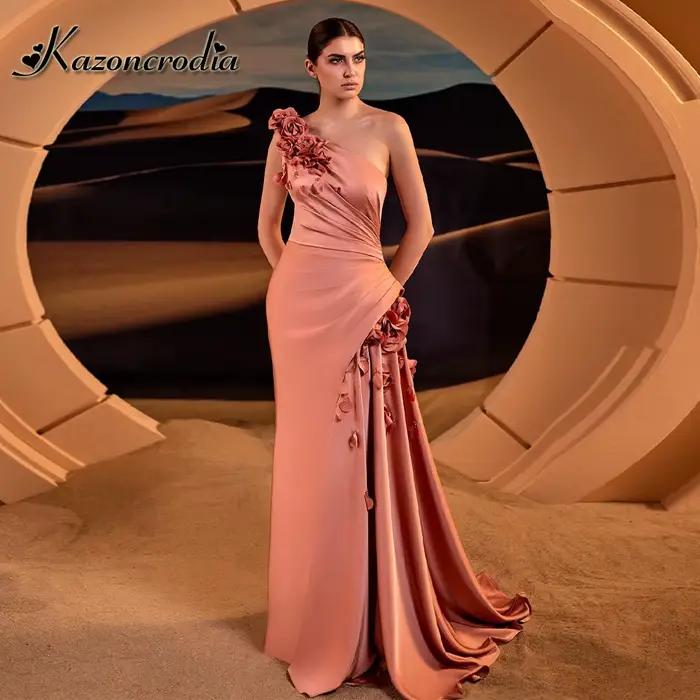 Kazon à la mode une épaule sirène marié mère de la mariée Satin 3D fleur fente Mariage Robe de soiré