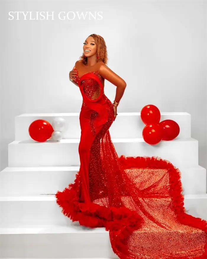 Robe de soirée rouge à col rond pour femmes, belle robe de sirène, anniversaire, Rh, volants, appliq
