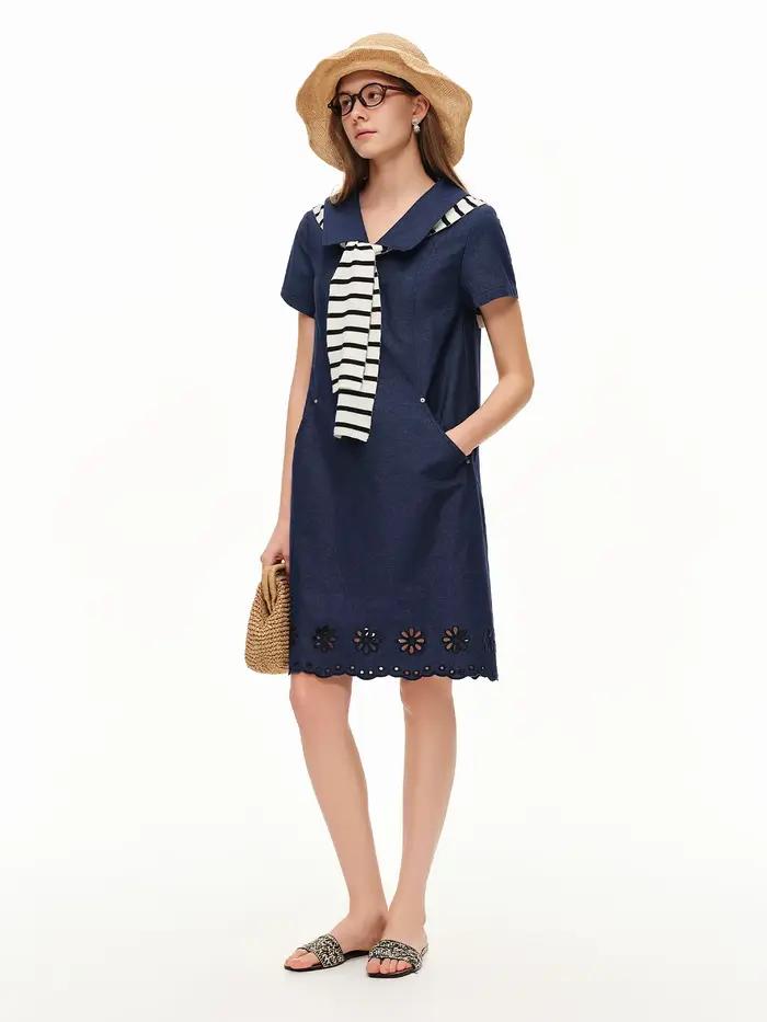 DUSHU Nouvelle Robe Trapèze Effet Jean pour Femme Été 2026, Robe Midi Vintage Coupe Ajustée pour le 